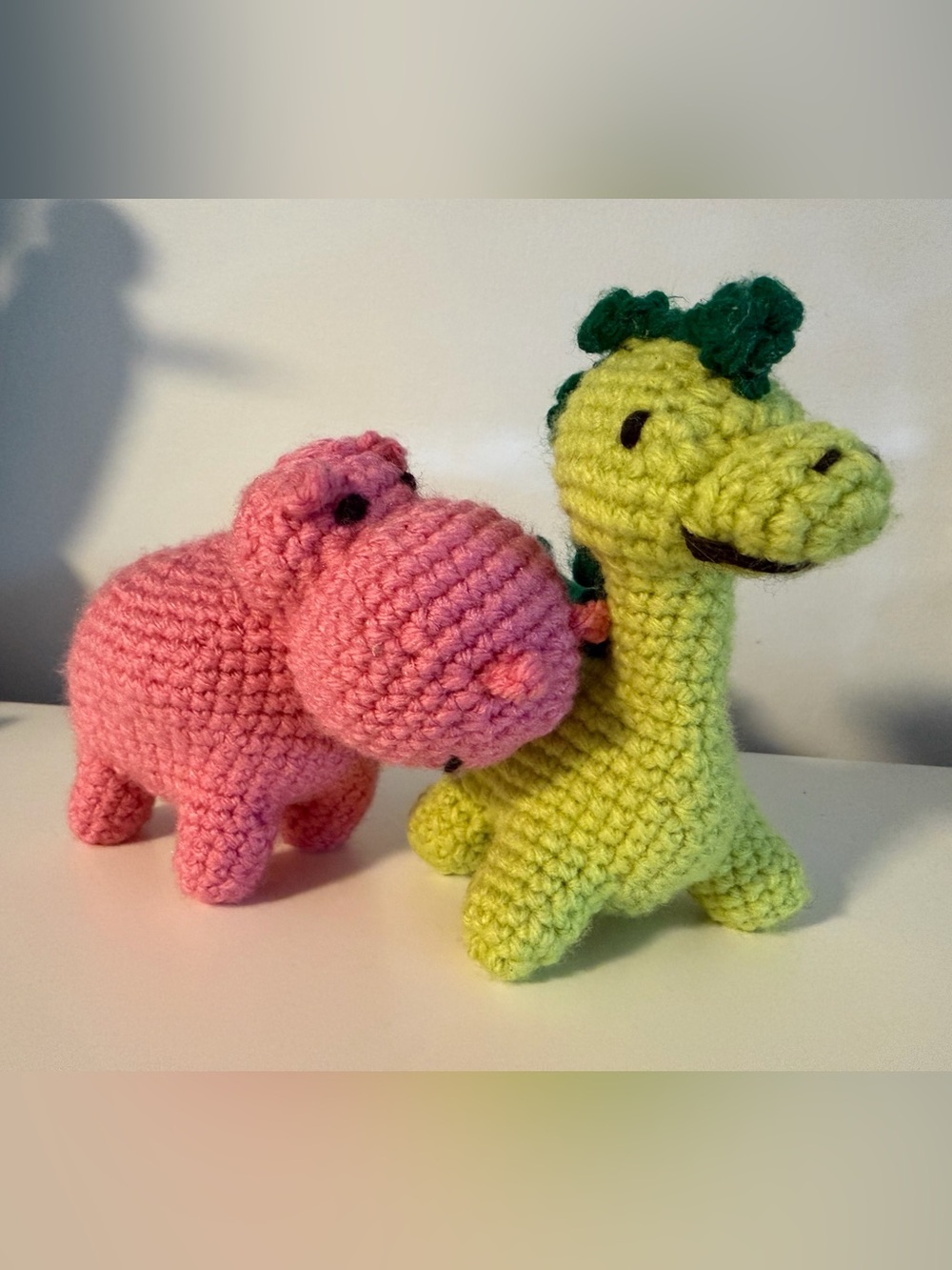 Handmade Crochet Plushies – Cute Pink Hippo & Green Dinosaur (Amigurumi)